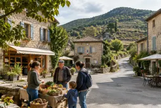 Place d’un village rural d’Ardèche avec commerces de proximité, marché local et habitants entourés de collines boisées.